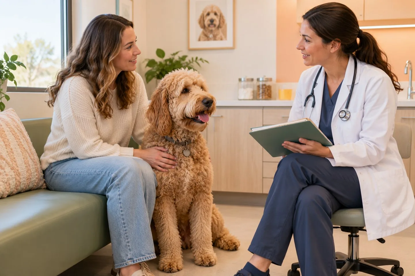 Owner and a golden-colored dog consulting with a veterinary professional